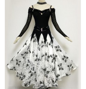 Custom size handmade Black white patchwork floral embroidery women's ladies female competition professional standard long length ballroom tango waltz  flamenco dance dresses